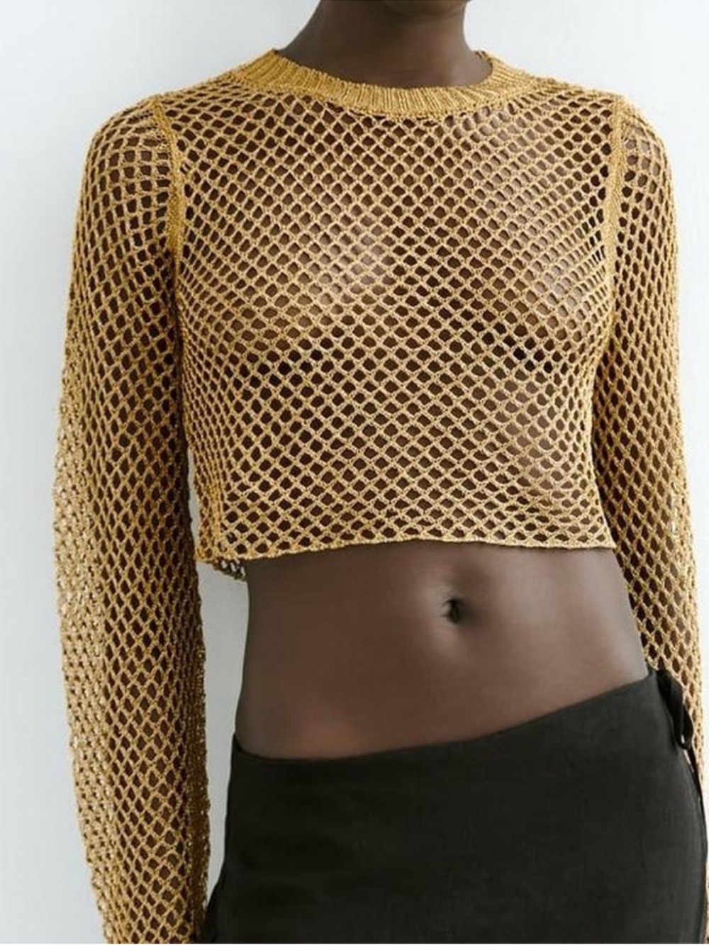 Zara Gold Metallic Crochet Fishnet Crop Sweater Bell Sleeve Cover Up M